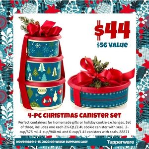 NWT Tupperware Christmas Cookie Canister with 3 Stacking Canisters